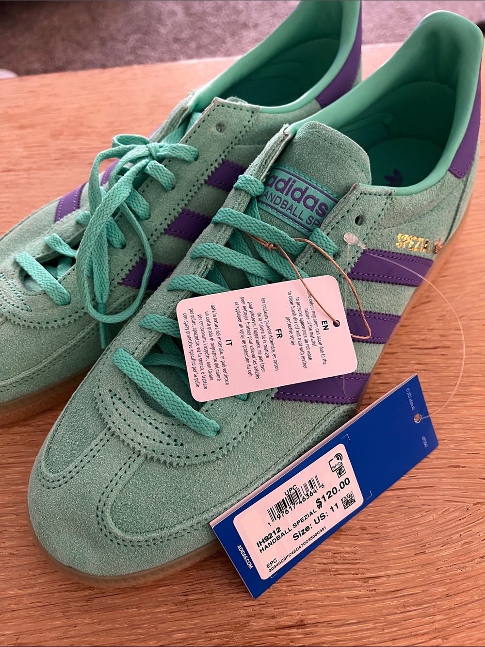 adidas Womens as 11 Handball Spezial Sneakers - Mint Green with Purple Stripes